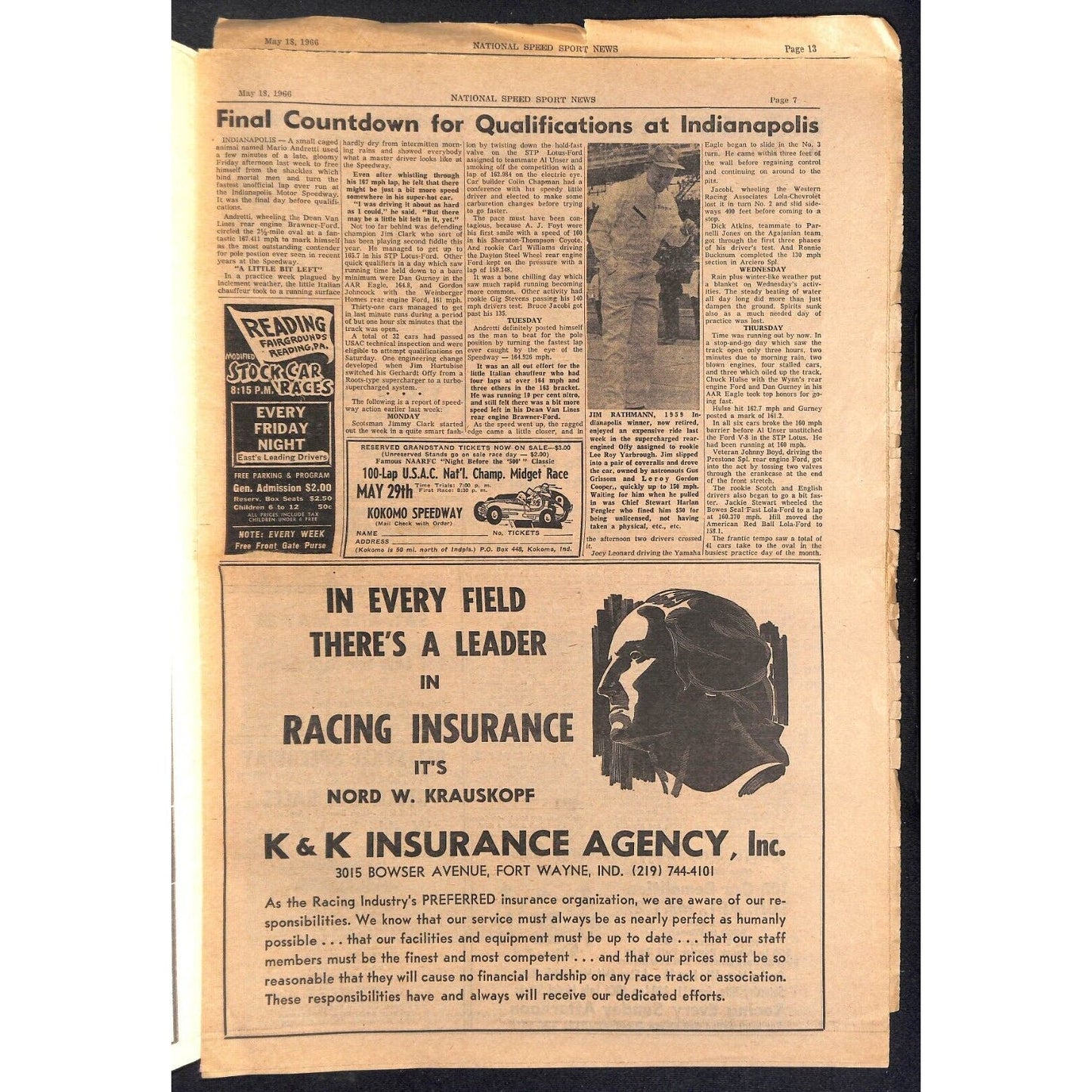 National Speed Sport News 5/18 1966 "Mario Is No. 1 at Indy" Racing 27pp VGC