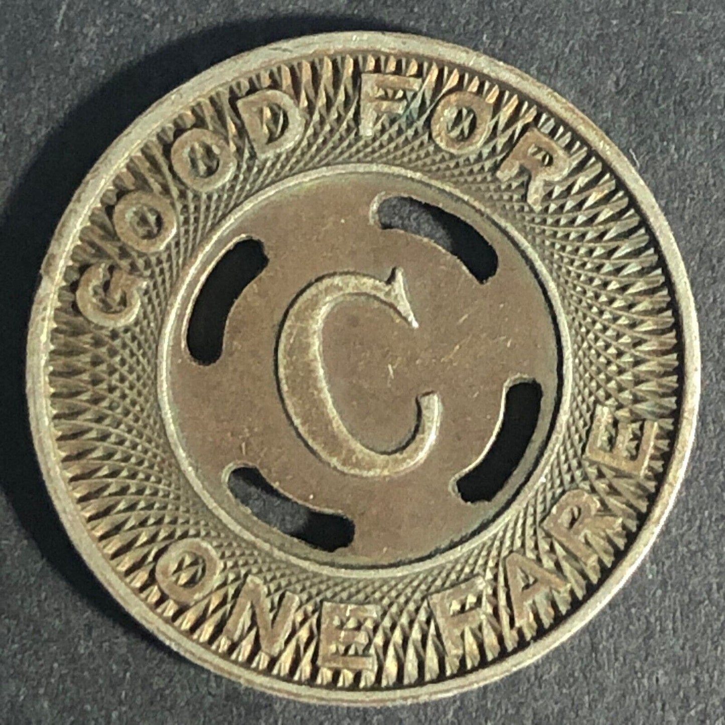 Canton City Lines Inc. "C" G/F One Fare Brass Transit Token - 22.76mm