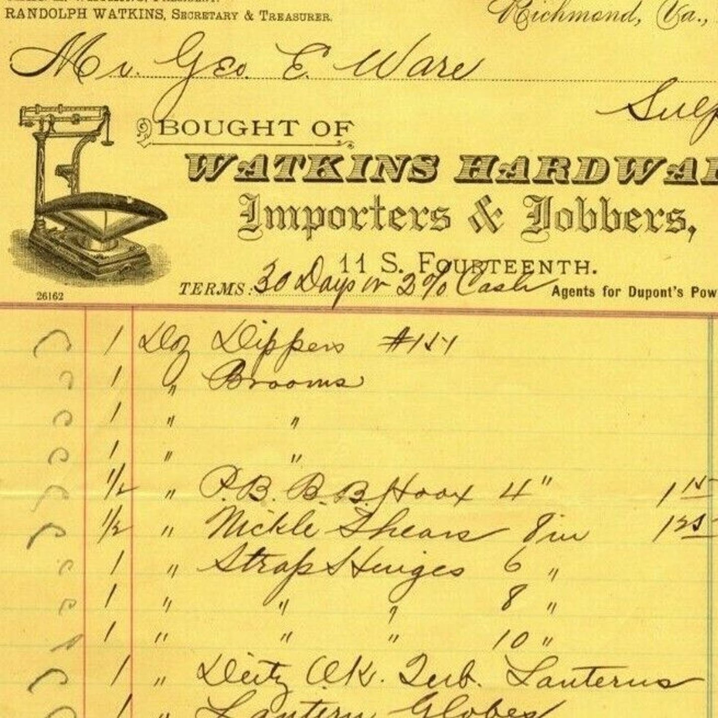 Watkins Hardware Co. Richmond, VA Letterhead to: Geo. E. Wear 1894 Anvil Scale