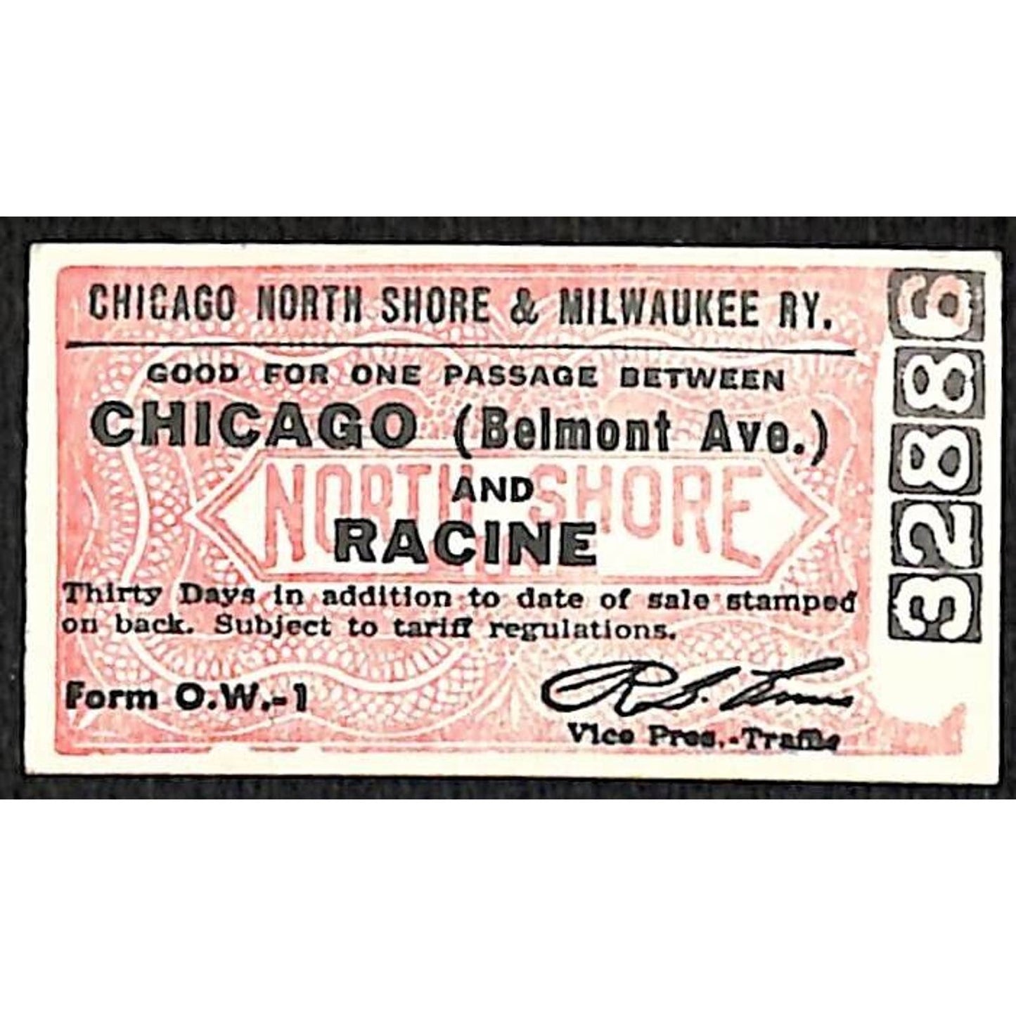 Chicago North Shore & Milwaukee RY c1953-60's Ticket Racine #32886