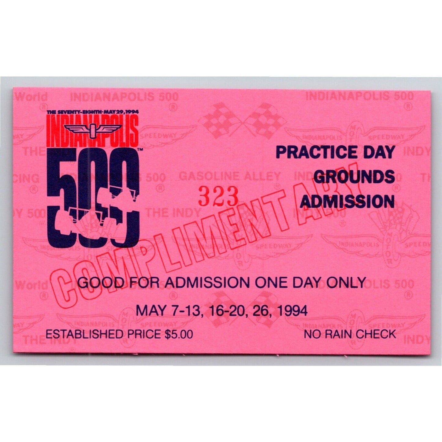 1994 Indy 500 Practice Day Admission Comp Ticket Pass Card Indianapolis IMS #323
