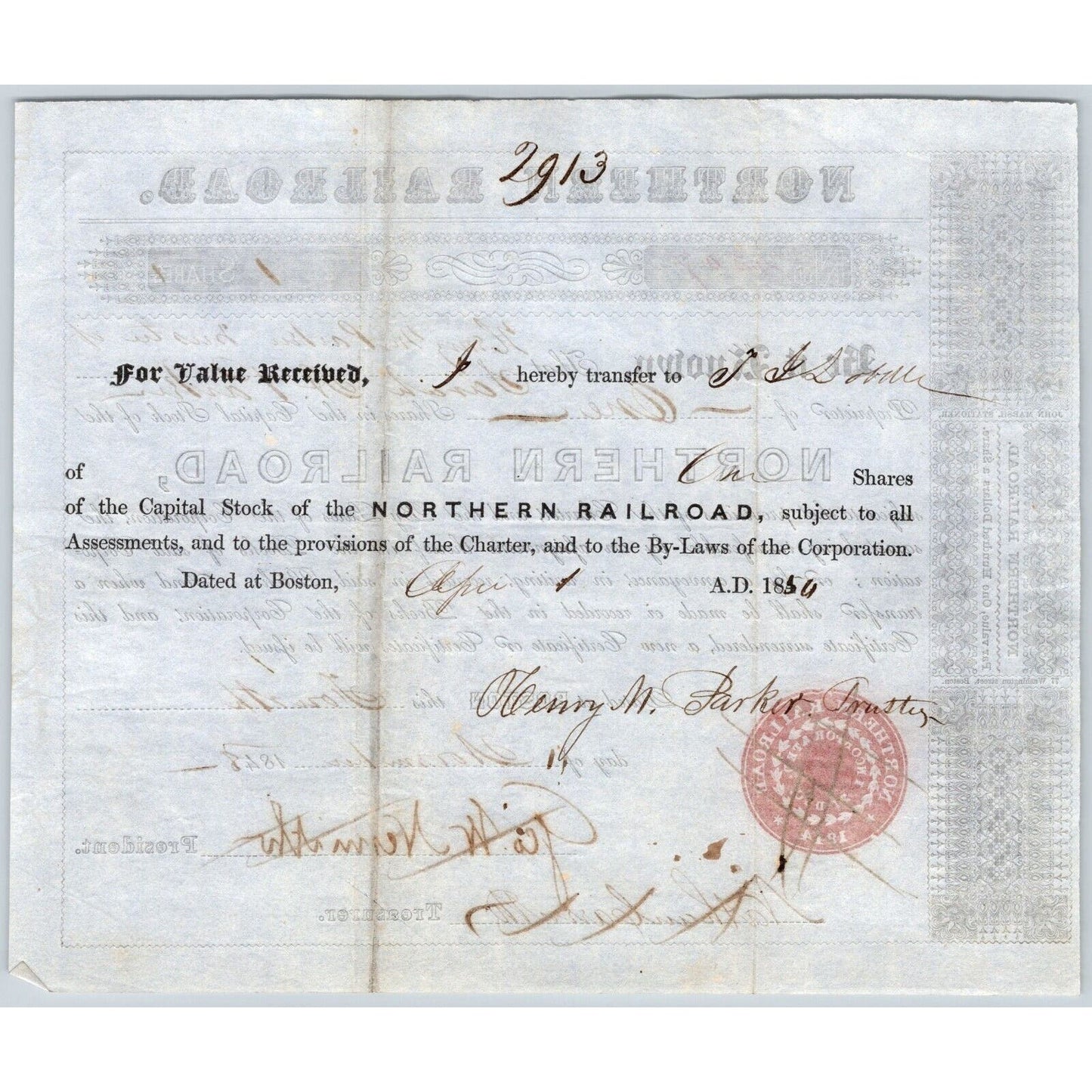 1848 Boston, MA Northern Railroad Stock Certificate No. 4507 for 1 Share
