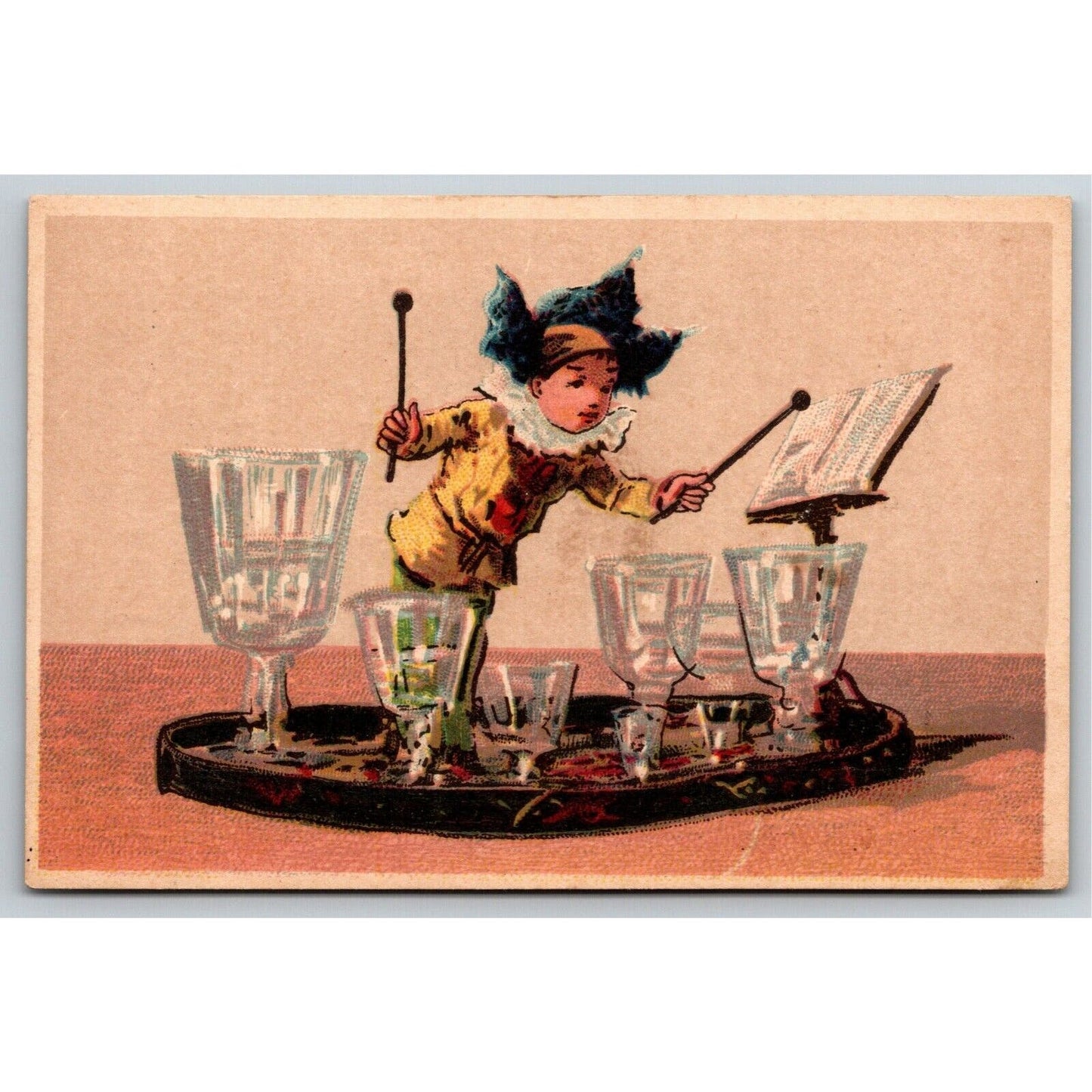 Scarce Victorian Trade Card Atlantic Pacific - Boy Playing Glasses as Instrument