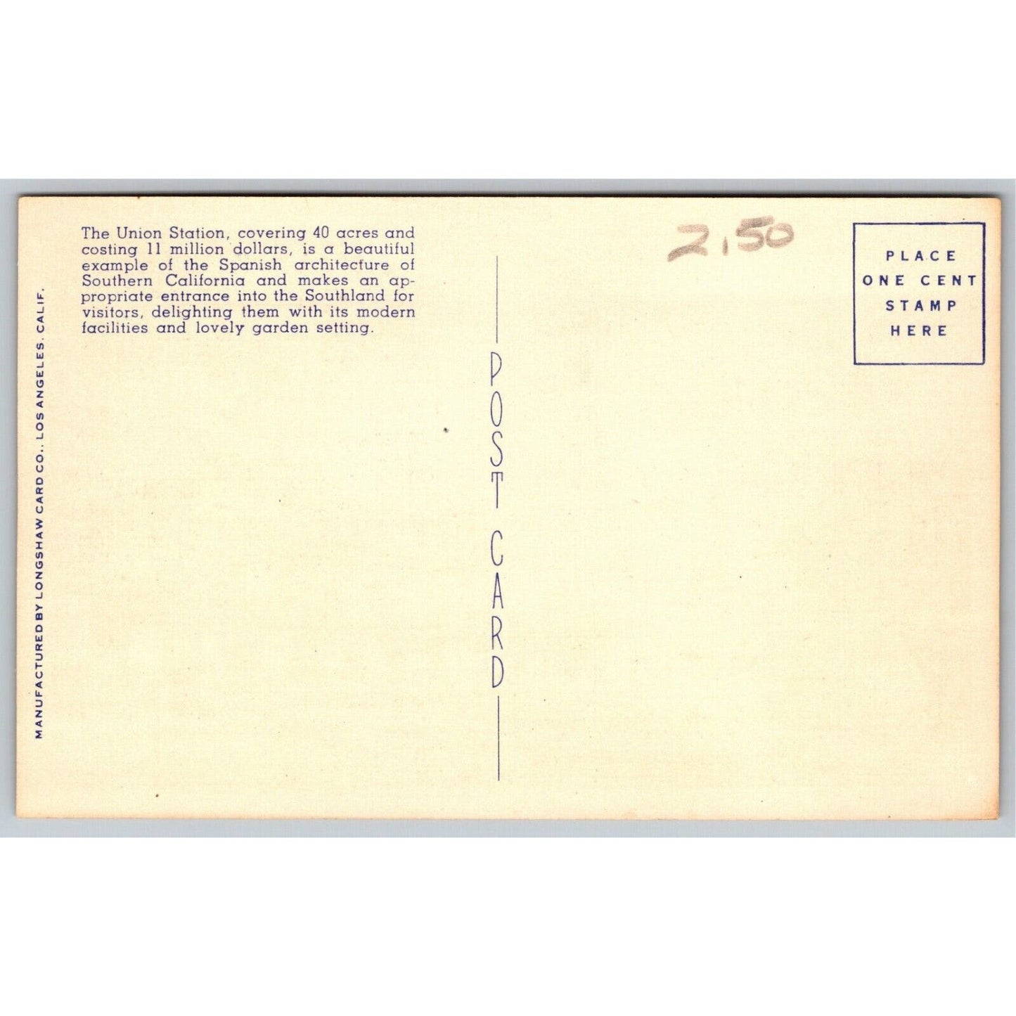 Union Station Los Angeles, Calif. - Linen Postcard c1930's NP VGC