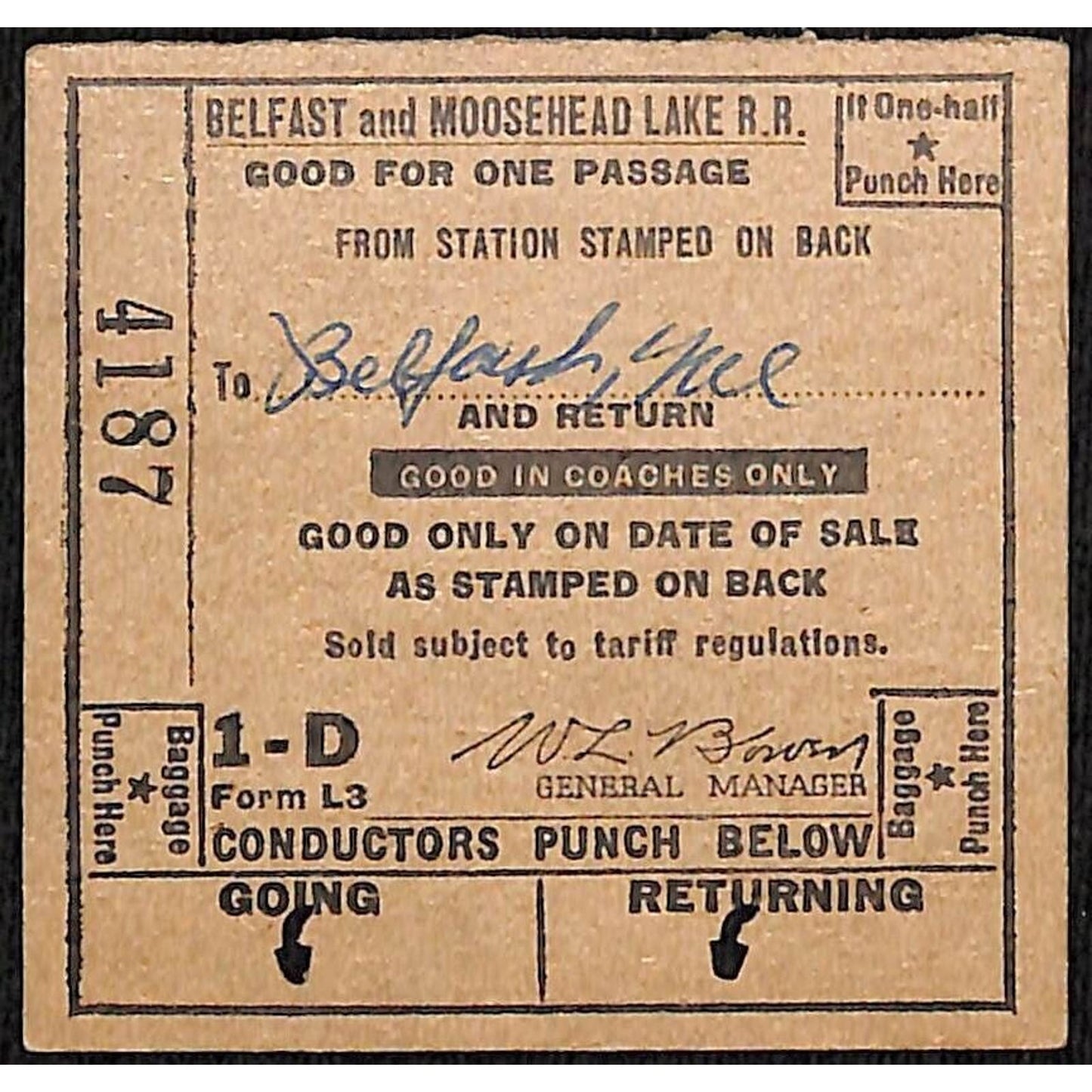 1955 Belfast and Moosehead Lake Railroad Ticket #4187 Scarce