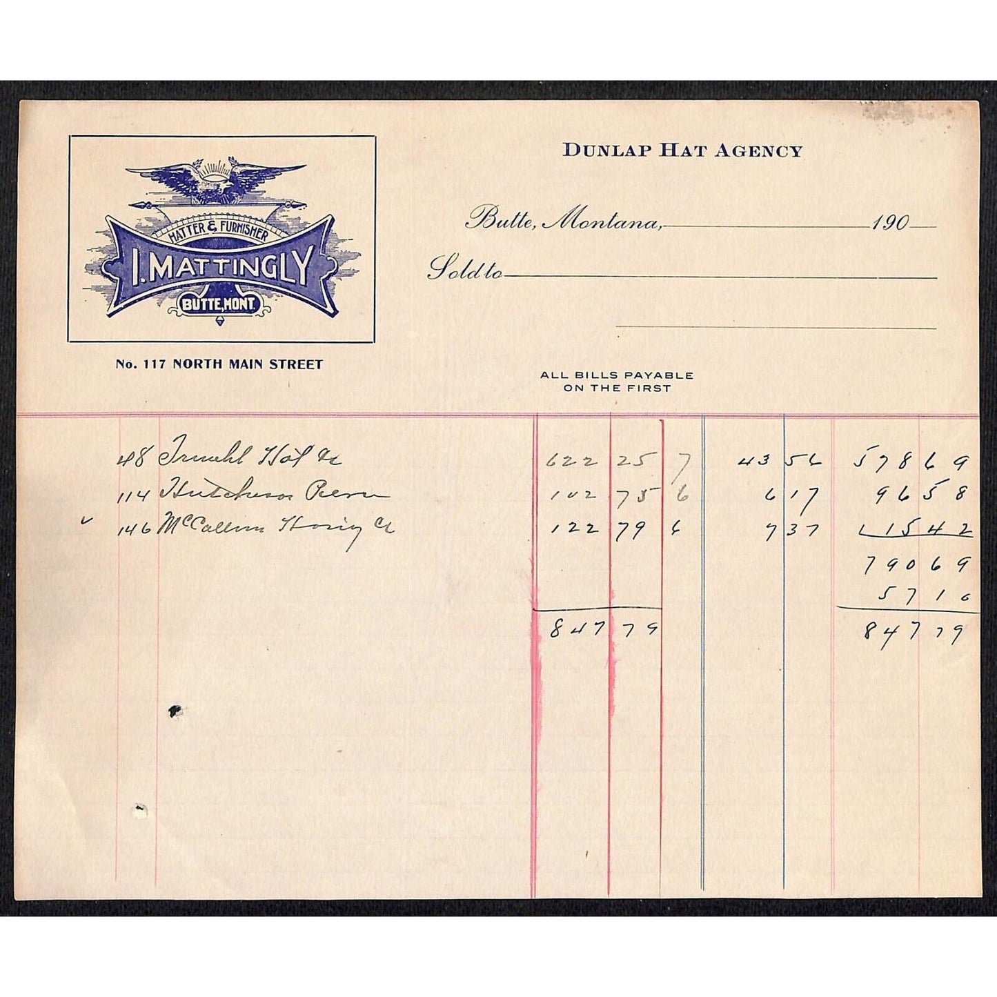 Butte Montana Dunlap Hat Agency I. Mattingly Hatter Furnisher c1909 Billhead