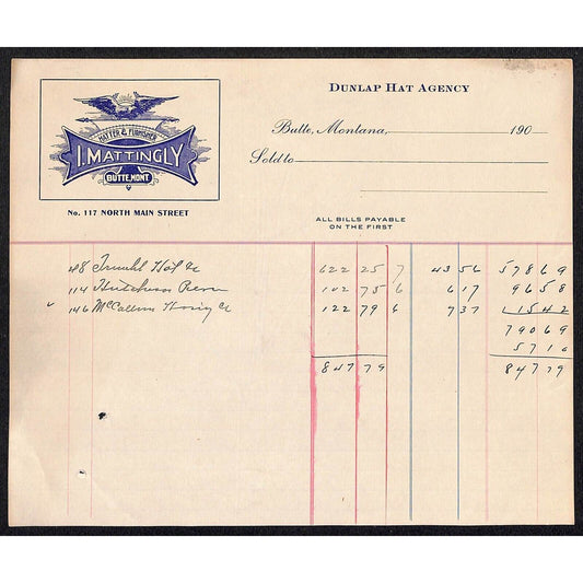 Butte Montana Dunlap Hat Agency I. Mattingly Hatter Furnisher c1909 Billhead