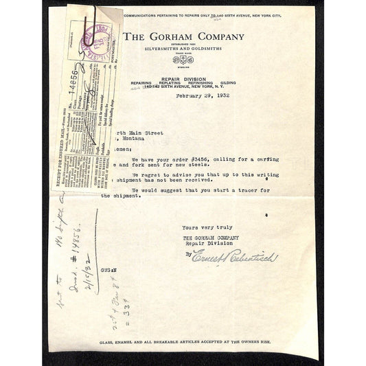 Leys Jewelry Butte, MT 1932 Gorham Silver Co. Letterhead w/ Ins. Mail Receipt