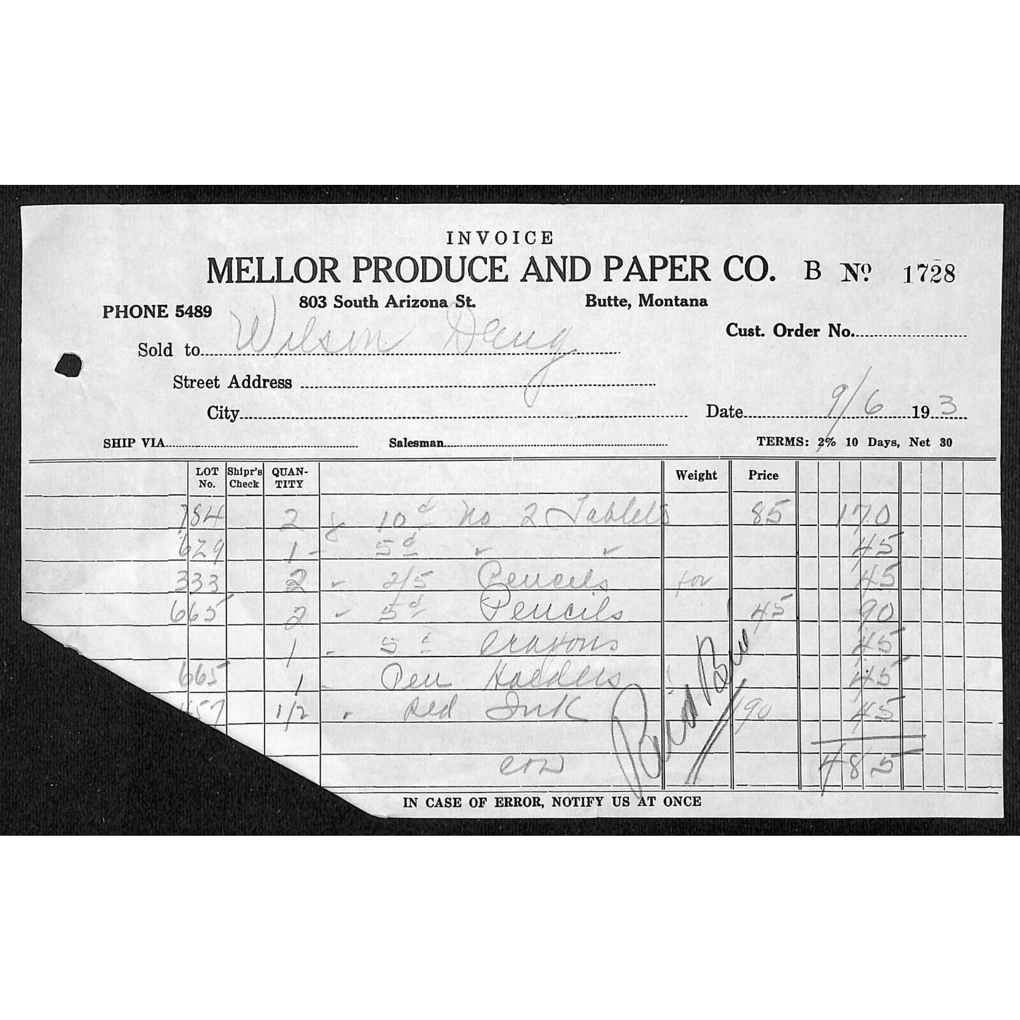 Mellor Produce & Paper Co. Butte Montana 1933 Billhead Letterhead - Wilson Drug