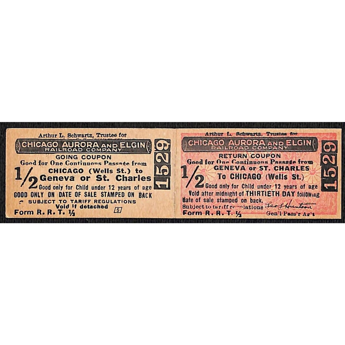 Chicago Aurora and Elgin 1902-57 2-way Attached Tickets Geneva or St. Charles