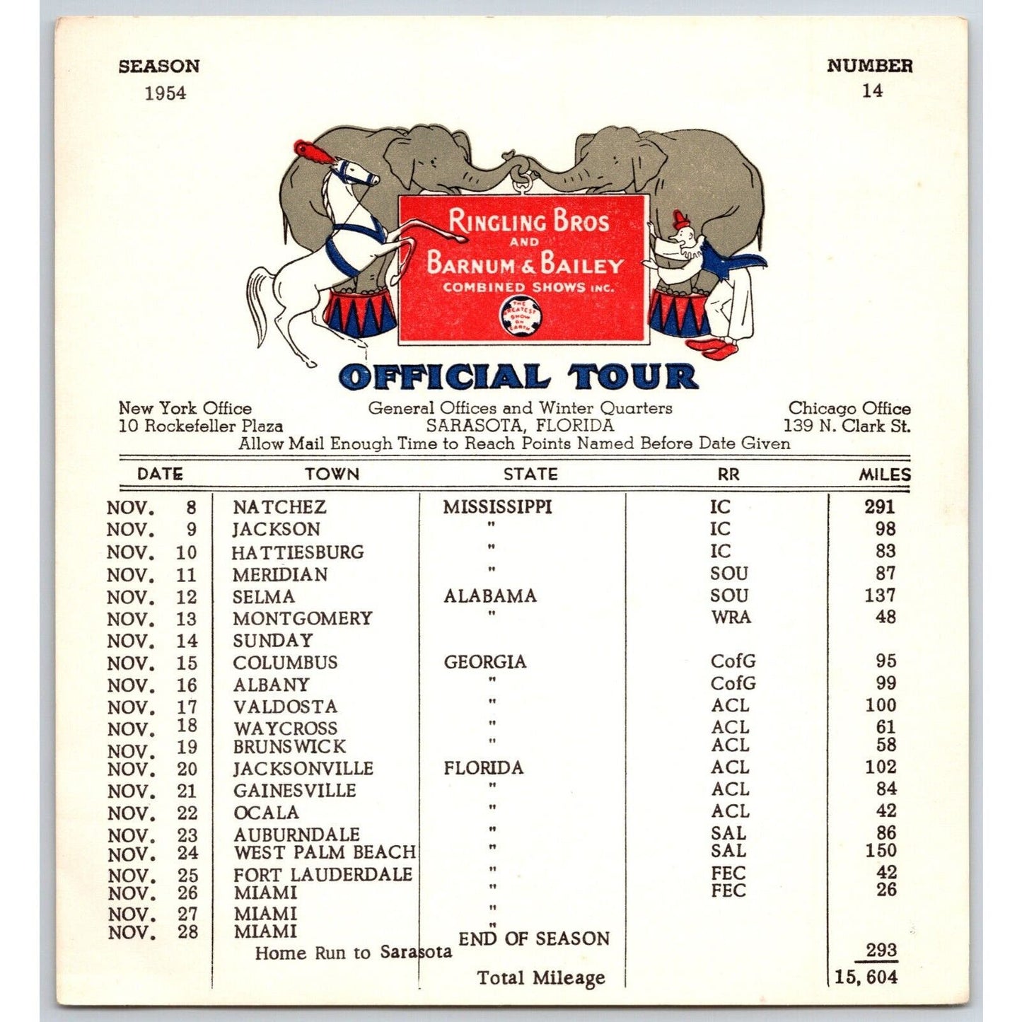 1954 Ringling Bros Barnum Bailey Circus Route Card Mongomery Gainesville