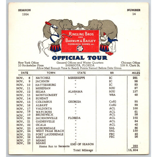 1954 Ringling Bros Barnum Bailey Circus Route Card Mongomery Gainesville