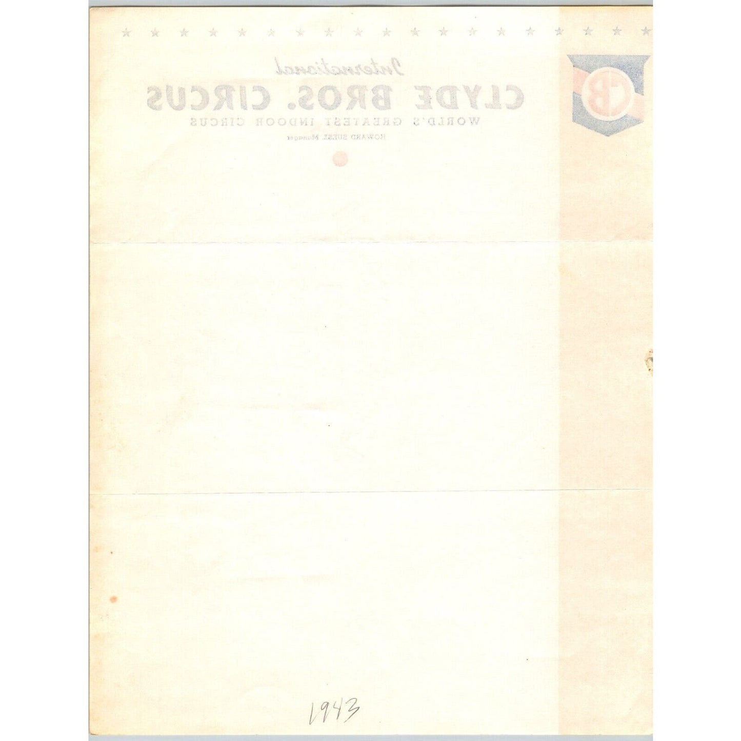 Clyde Bros. Circus Letterhead 1943 "World's Greatest Indoor" Scarce