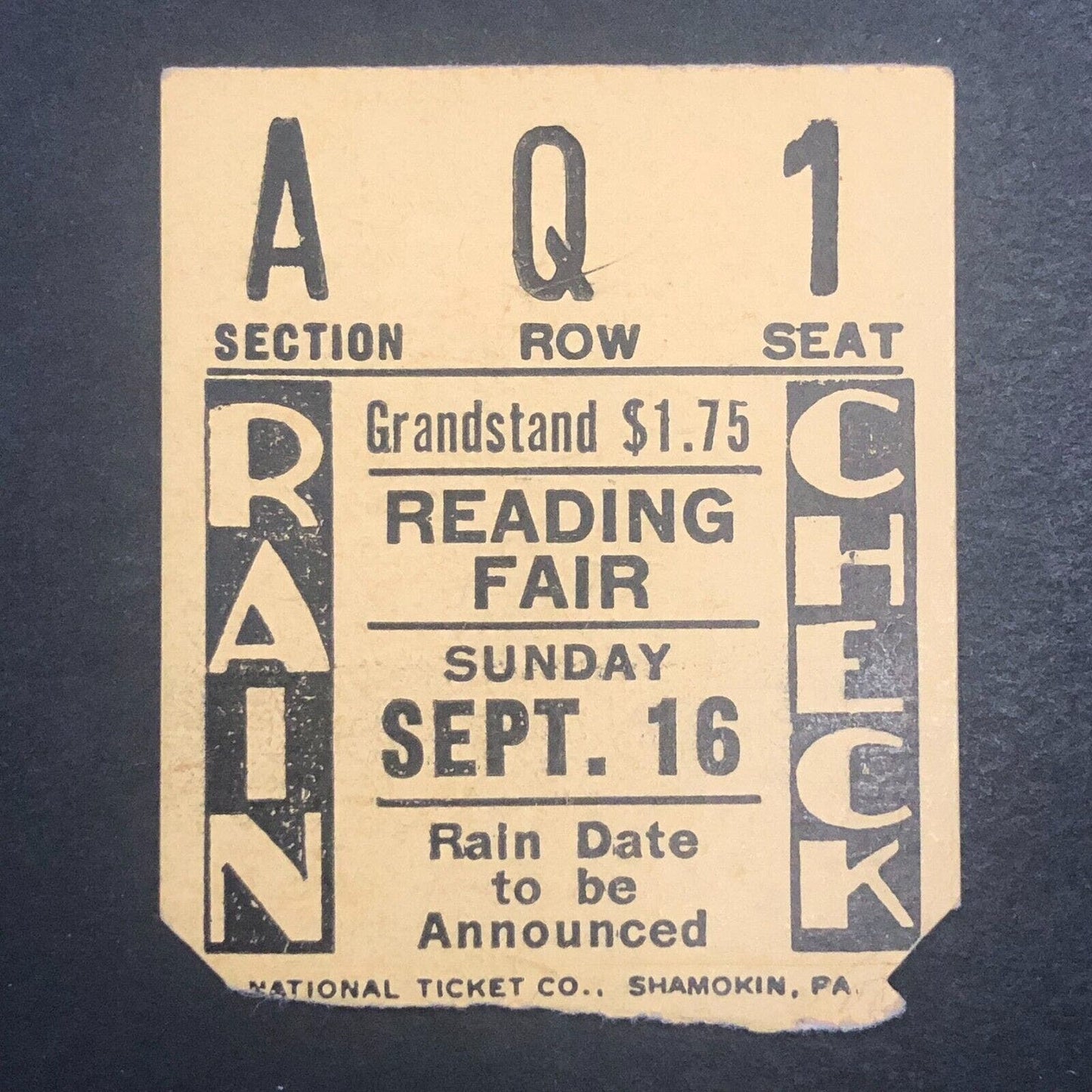 Reading Fair Speedway 9/16 c1940's-50's Auto Racing Rain Check Ticket Stub