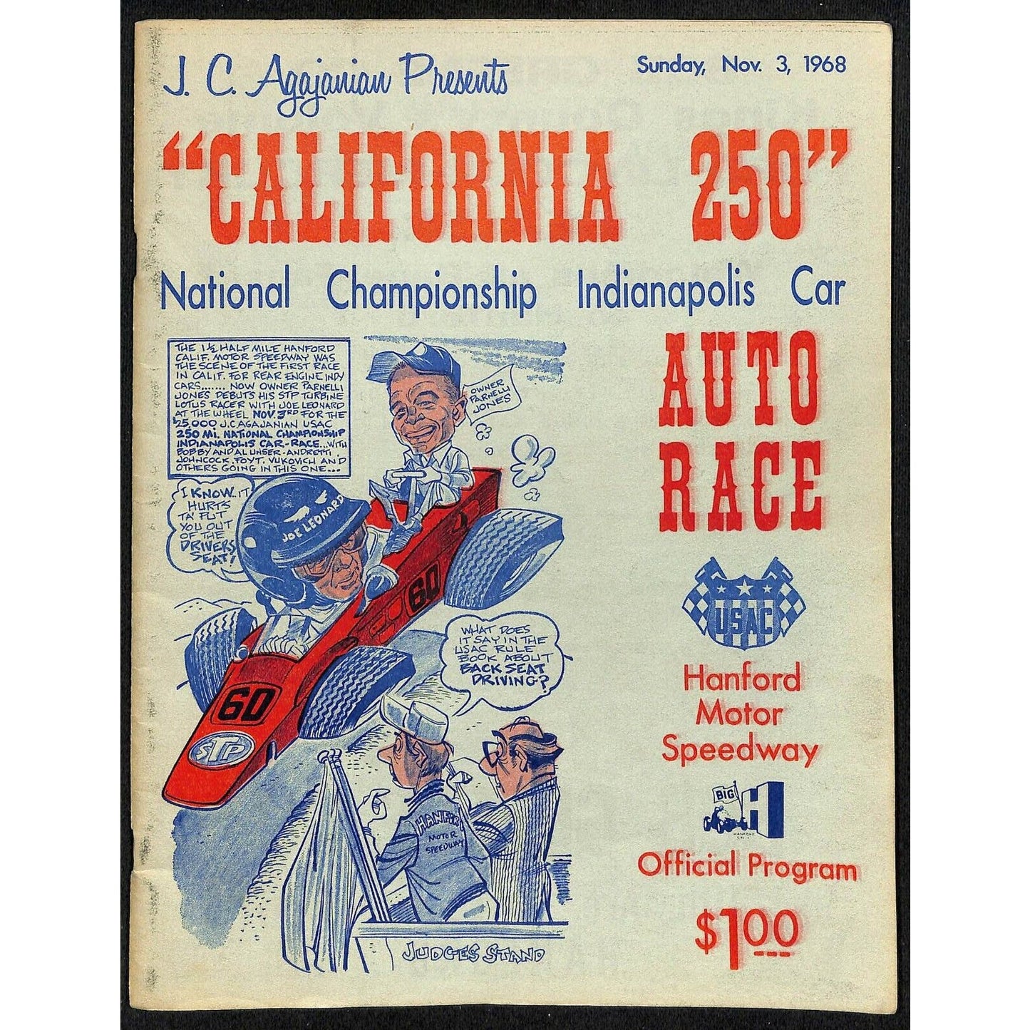 Scarce Nov 3 1968 USAC "California 250" Auto Racing Program Hanover Speedway 40p
