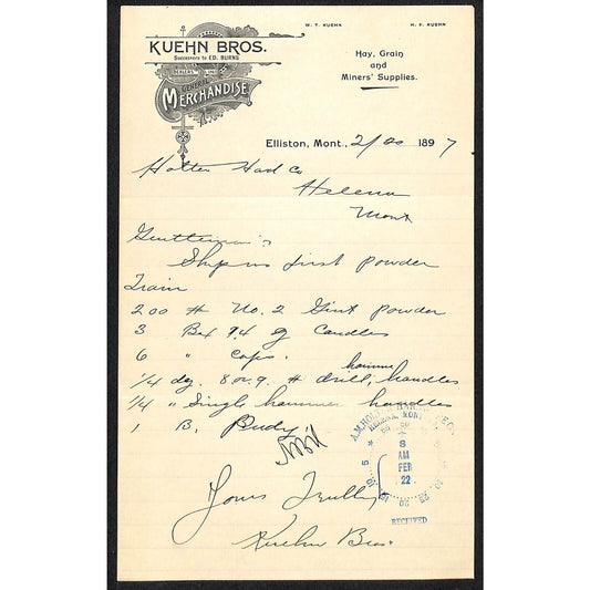Elliston, MT Kuehn Bros. General Merchandise 1897 Billhead VGC