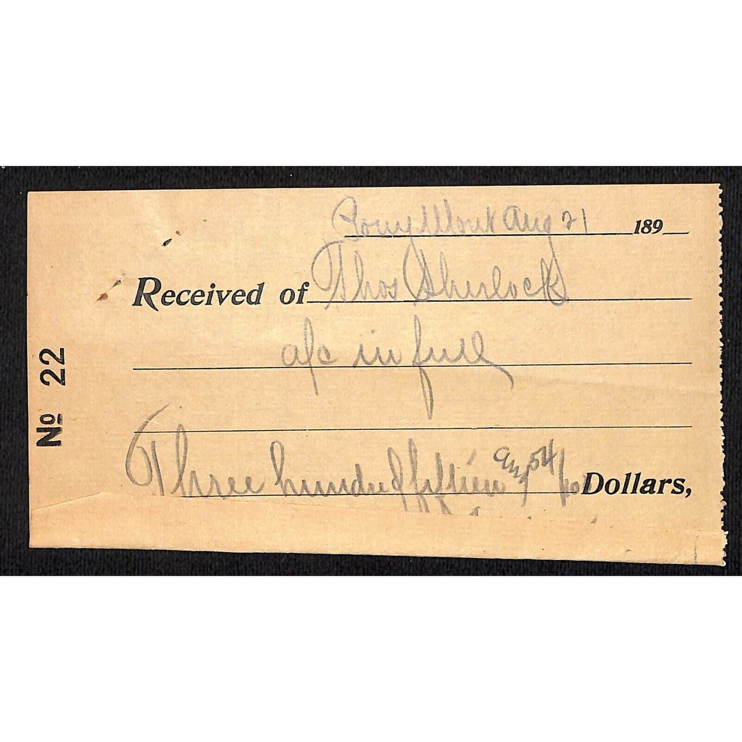Pony, MT 1890's Thomas Shirlock $315.54 Receipt No. 22