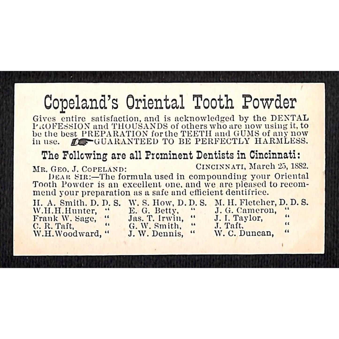 Copeland's Oriental Tooth Powder / Face Powder Victorian Trade Card