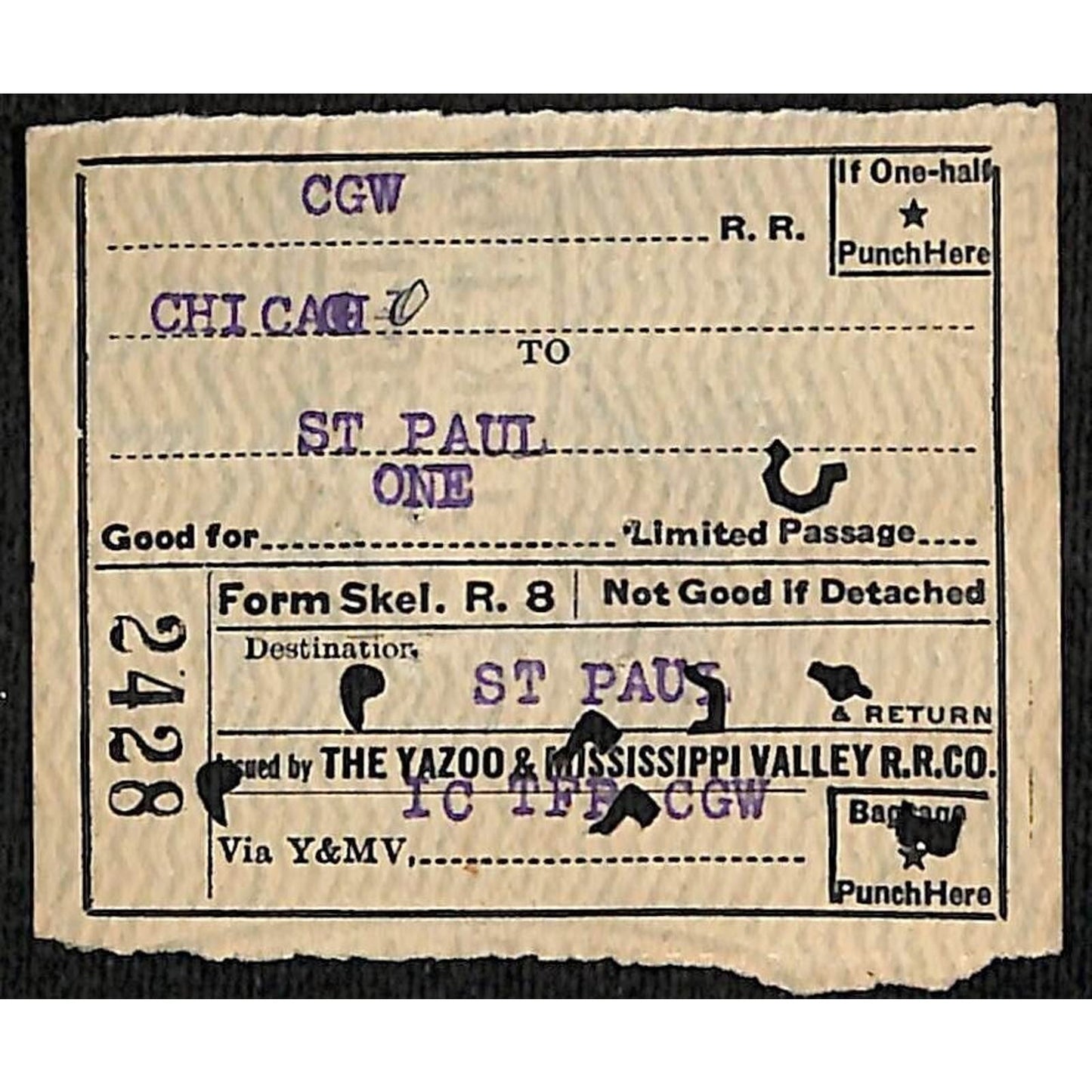 Yazoo & Mississippi Valley Railroad Ticket 1923 Chicago St. Paul #2428