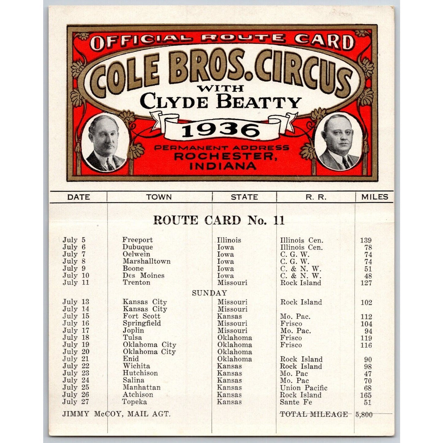 1936 Cole Bros with Clyde Beatty Circus Route Card IL IO MO KS OK