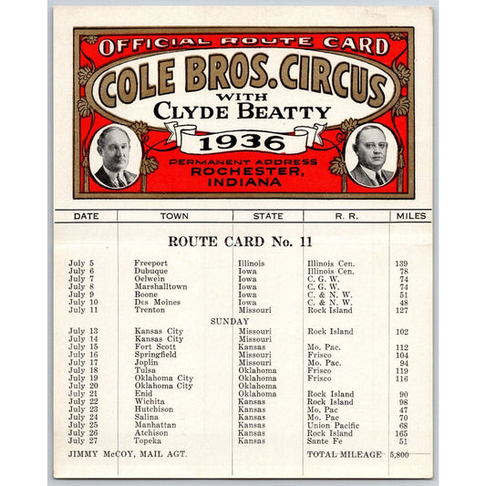 1936 Cole Bros with Clyde Beatty Circus Route Card IL IO MO KS OK