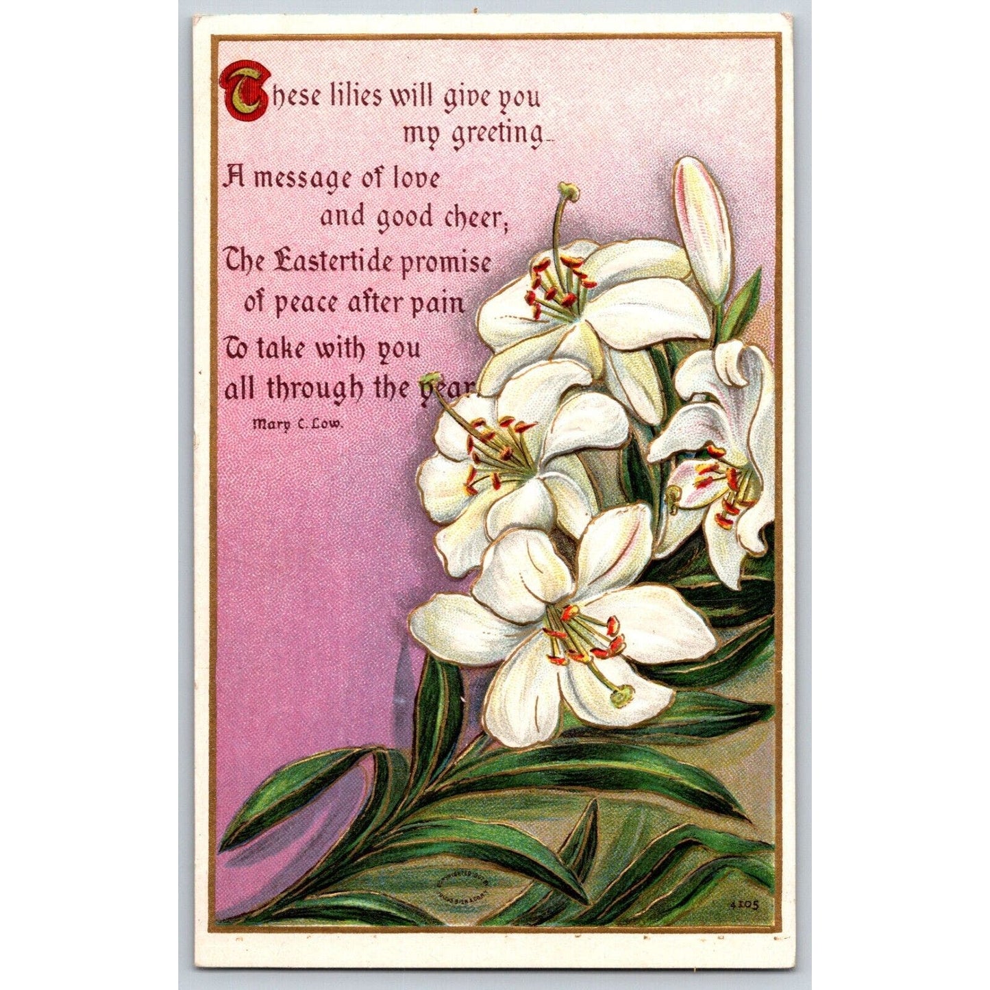 Vintage Easter Postcard "These lilies will give you" Poem Floral Gold Frame Emb.