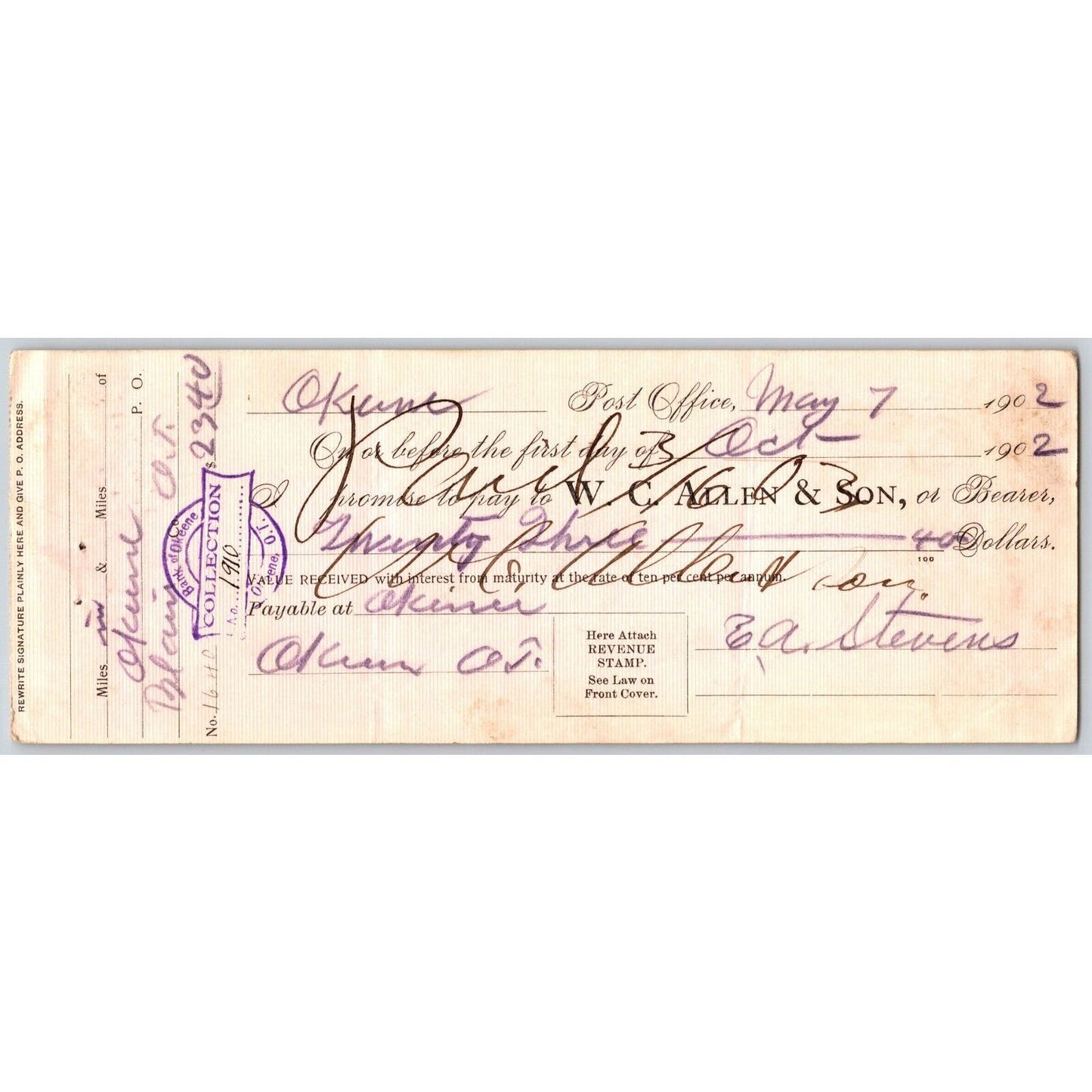 Okeene Oklahoma Territorial $23.40 Promissory Note W.C. Allen & Son