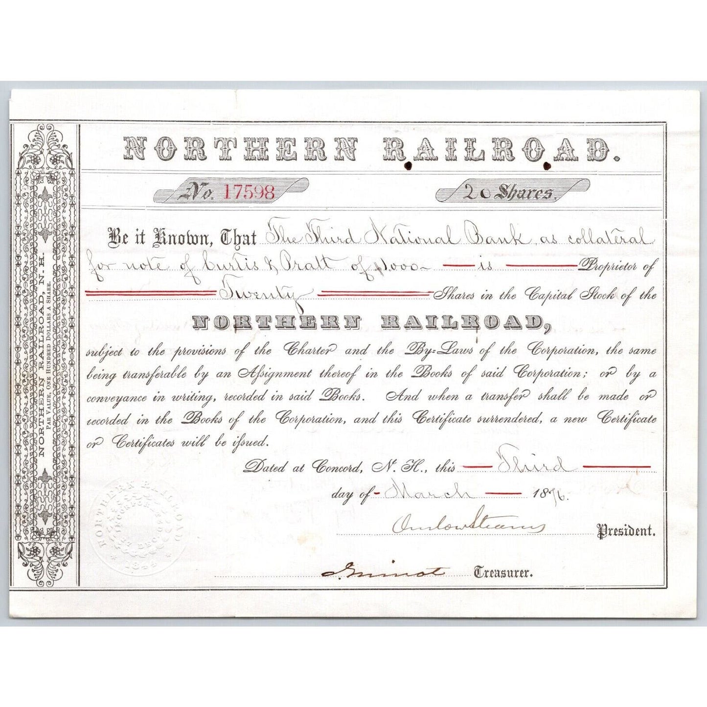 1876 Boston, MA Northern Railroad Stock Certificate No. 17598 for 20 Shares