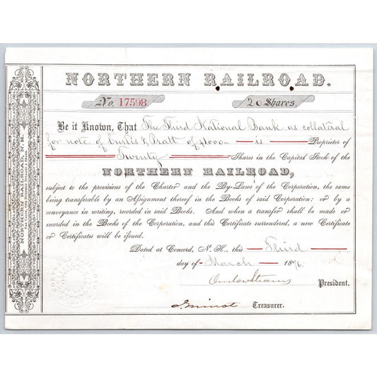 1876 Boston, MA Northern Railroad Stock Certificate No. 17598 for 20 Shares