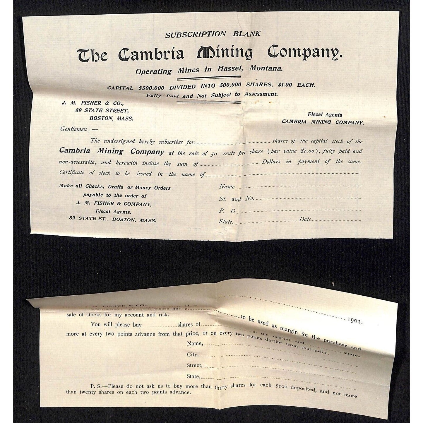 Newburgh, ME Amos W. Knowlton* 1901 Boston JM Fisher Cambria Mining Stock Offer+