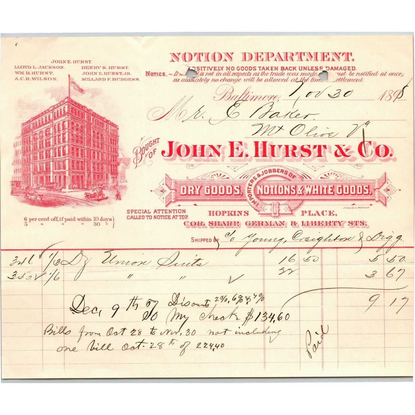 1898 $9.17 Letterhead Billhead John E. Hurst Dry Goods Baltimore Ephraim Baker*