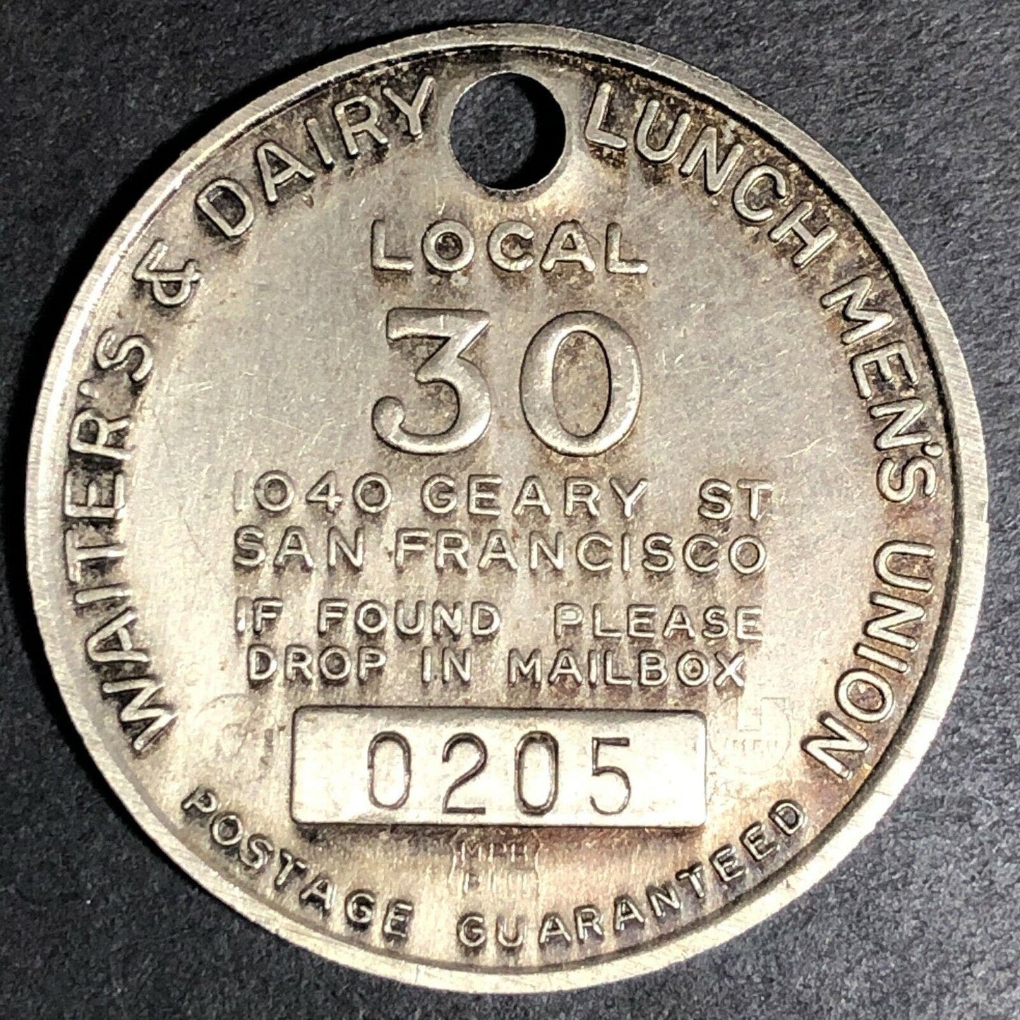 31mm Brass Waiter's & Dairy Lunch Men's Union No. Stamp ID Tokens San Francisco
