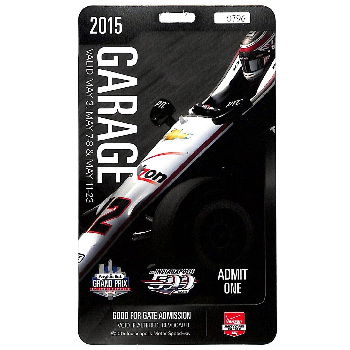 2015 Indy 500 Garage Access Ticket Pass Indianapolis IMS #0796 VGC