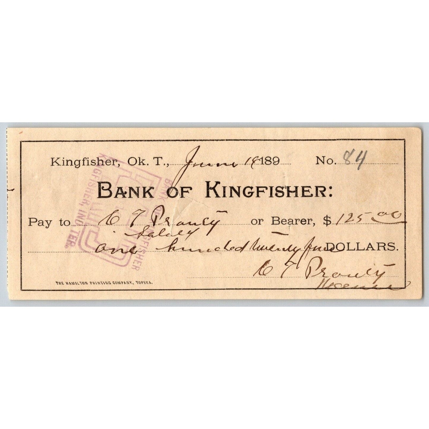 Kingfisher, Oklahoma Territorial 189? "Bank of Kingfisher" Check