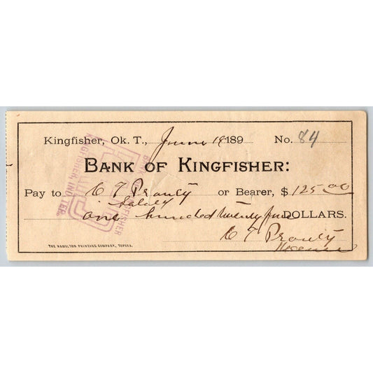 Kingfisher, Oklahoma Territorial 189? "Bank of Kingfisher" Check