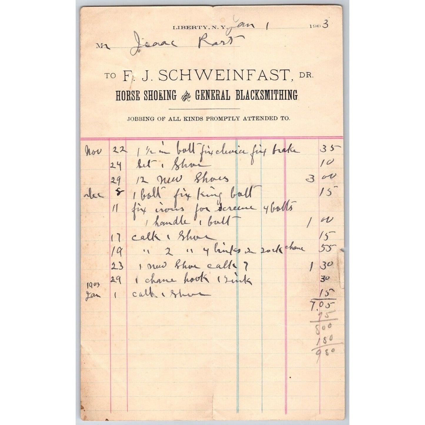 Liberty, NY F.J. Schweinfast Horse Shoeing & Blacksmithing 1903 Billhead