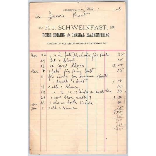 Liberty, NY F.J. Schweinfast Horse Shoeing & Blacksmithing 1903 Billhead