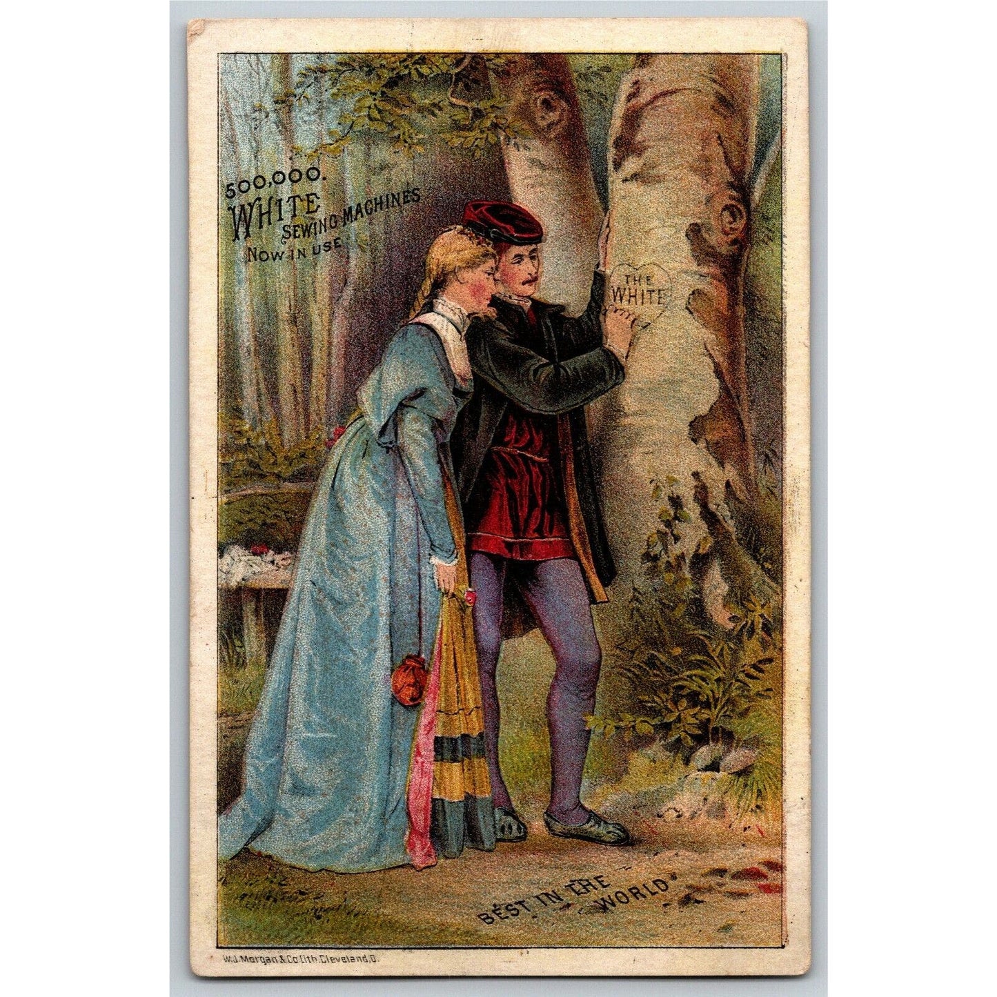 White Sewing Machines - Couple Carve Heart Into Tree - Victorian Trade Card