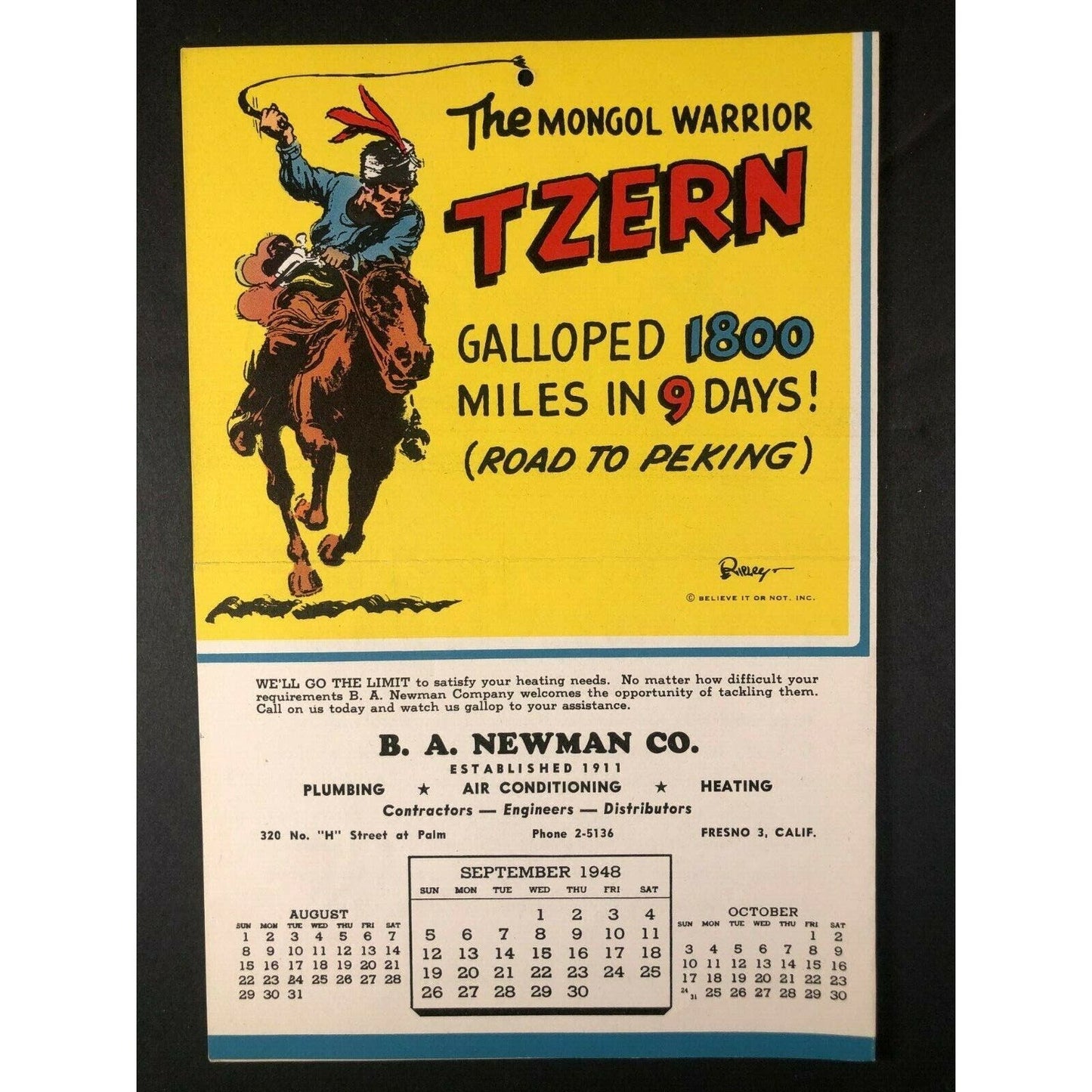 Ripley's Believe It Or Not - Calendar Advertising - September 1948 - Tzern