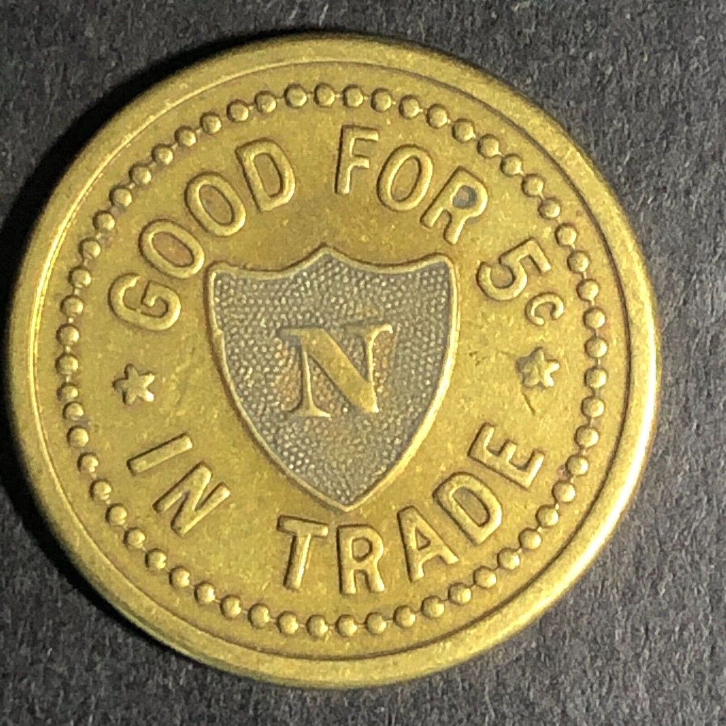 Lawrence Neuner Roseburg, ORE Cigar Store Brass G/F 5c Trade Token 21.2mm c1925