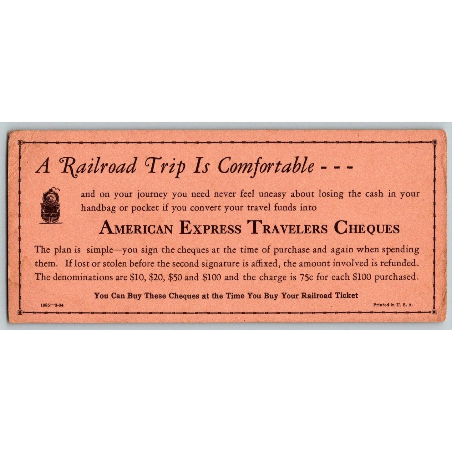 c1920's -1930's Ink Blotter American Express Travelers Cheques - Railroad