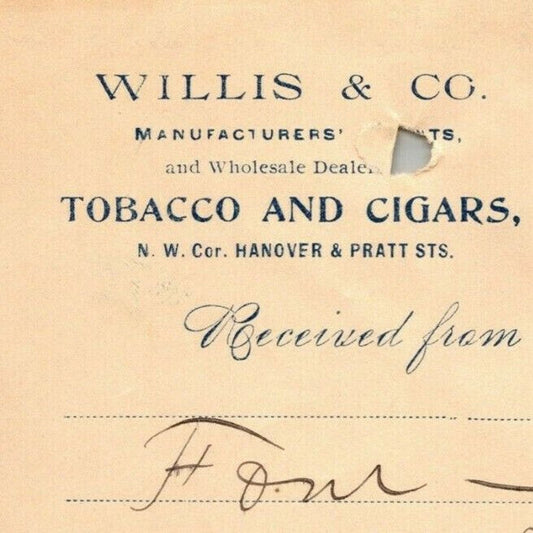 1900 Letterhead Billhead Willis & Co. Tobacco Cigars Baltimore Ephraim Baker*