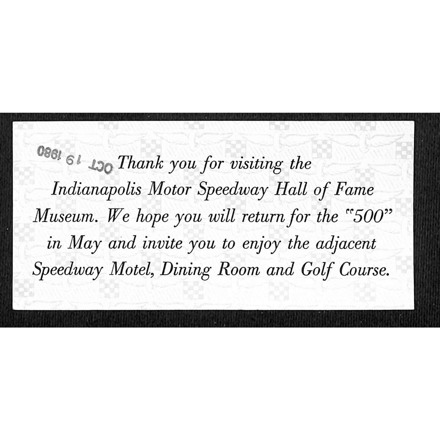 Indianapolis Motor Speedway Hall of Fame Museum Ticket INDY 500 42856 1980