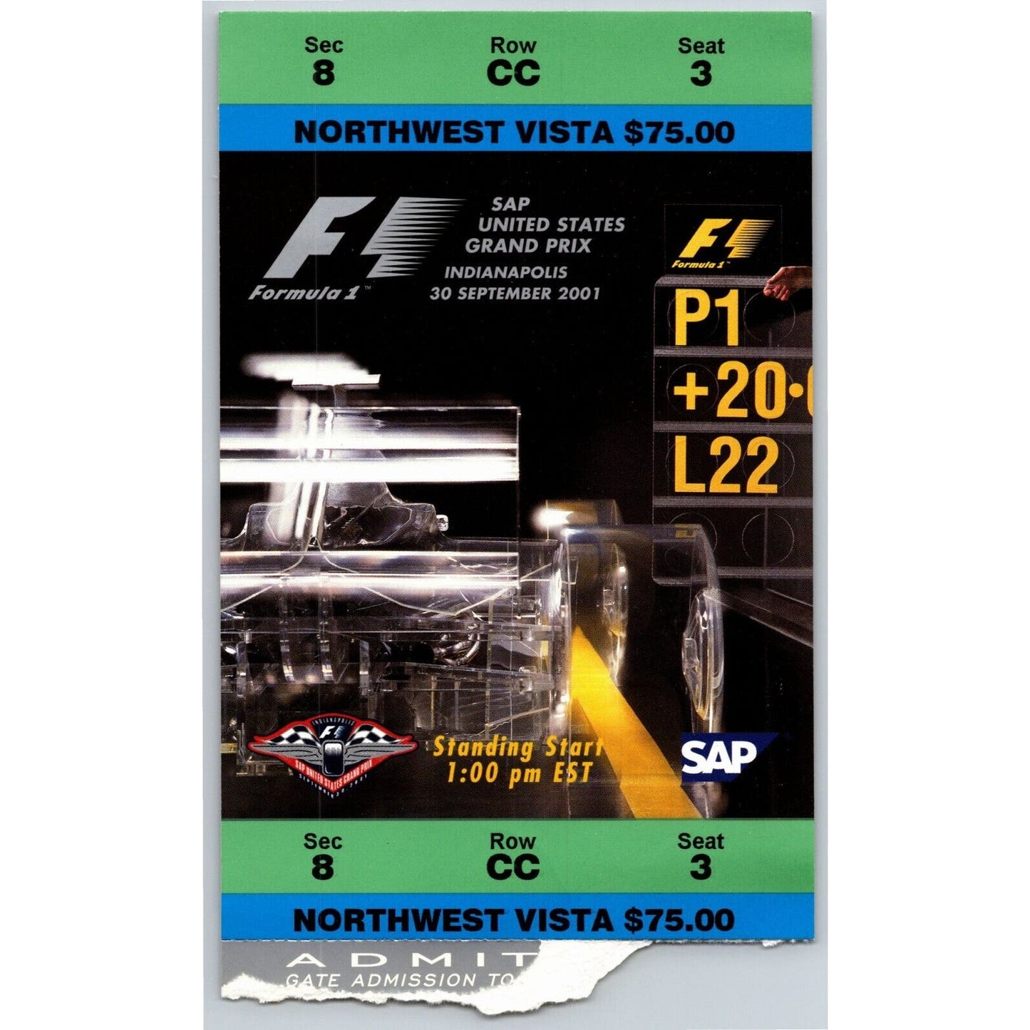 2001 Indianapolis Formula One Grand Prix Racing Ticket Stub 9/30 VGC - Seat 3