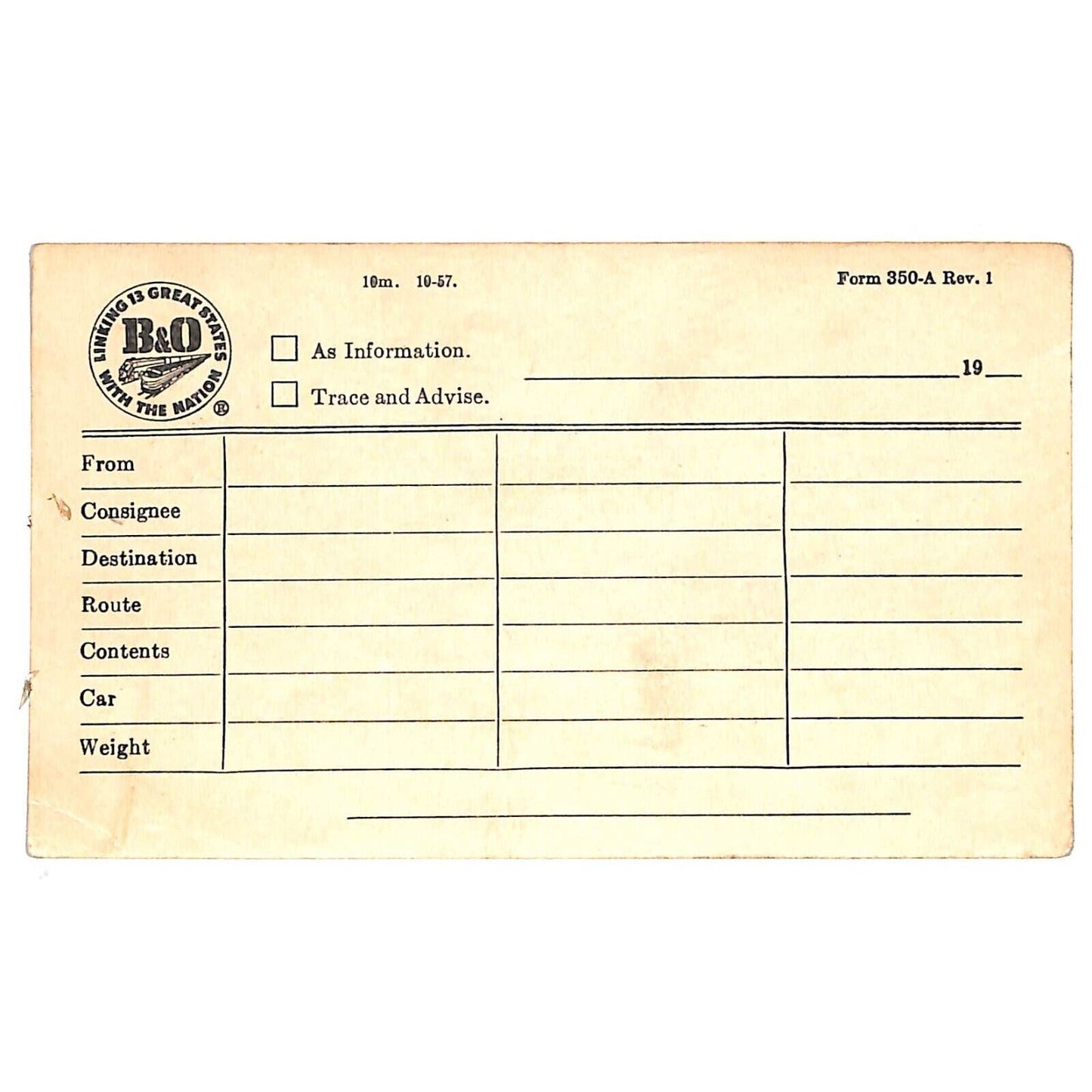 B&O Railroad c1957 Freight Route Detail Contents Detail Form Unused Post Card