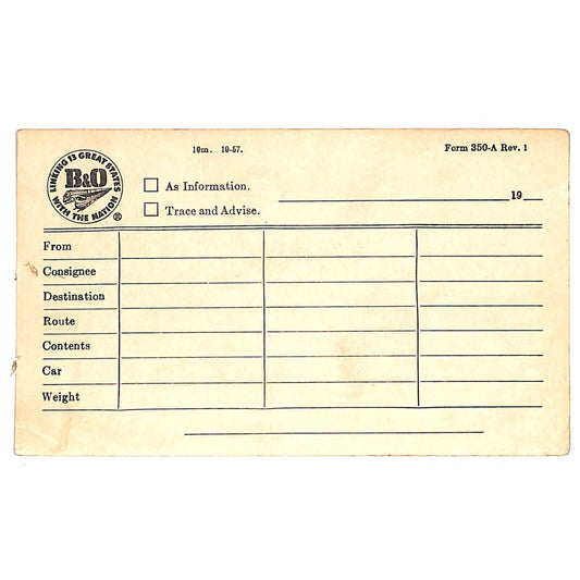 B&O Railroad c1957 Freight Route Detail Contents Detail Form Unused Post Card