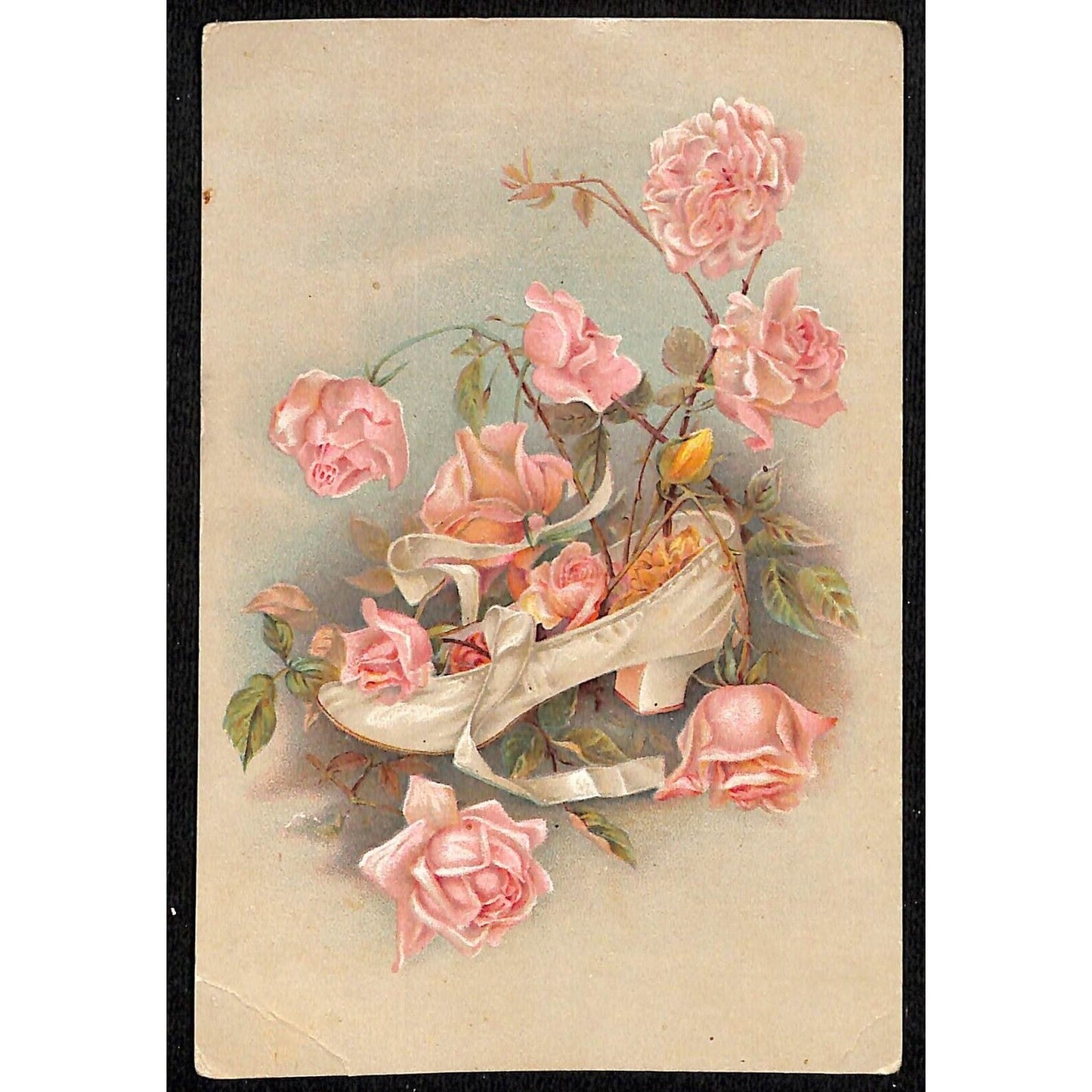 Ma-Le-Na Remedy Victorian Trade Card Pink Roses in a Fancy Shoe as a Vase