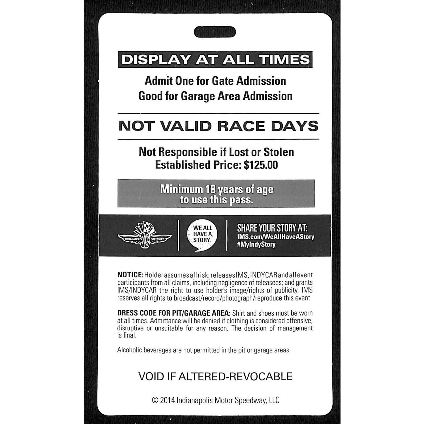 2014 Indy 500 Garage Access Ticket Pass Indianapolis IMS #02729 VGC