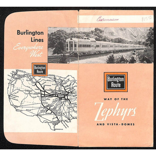 c1958 Burlington Route Zephyr / Vista-Dome Ticket Envelope w/ Map VGC