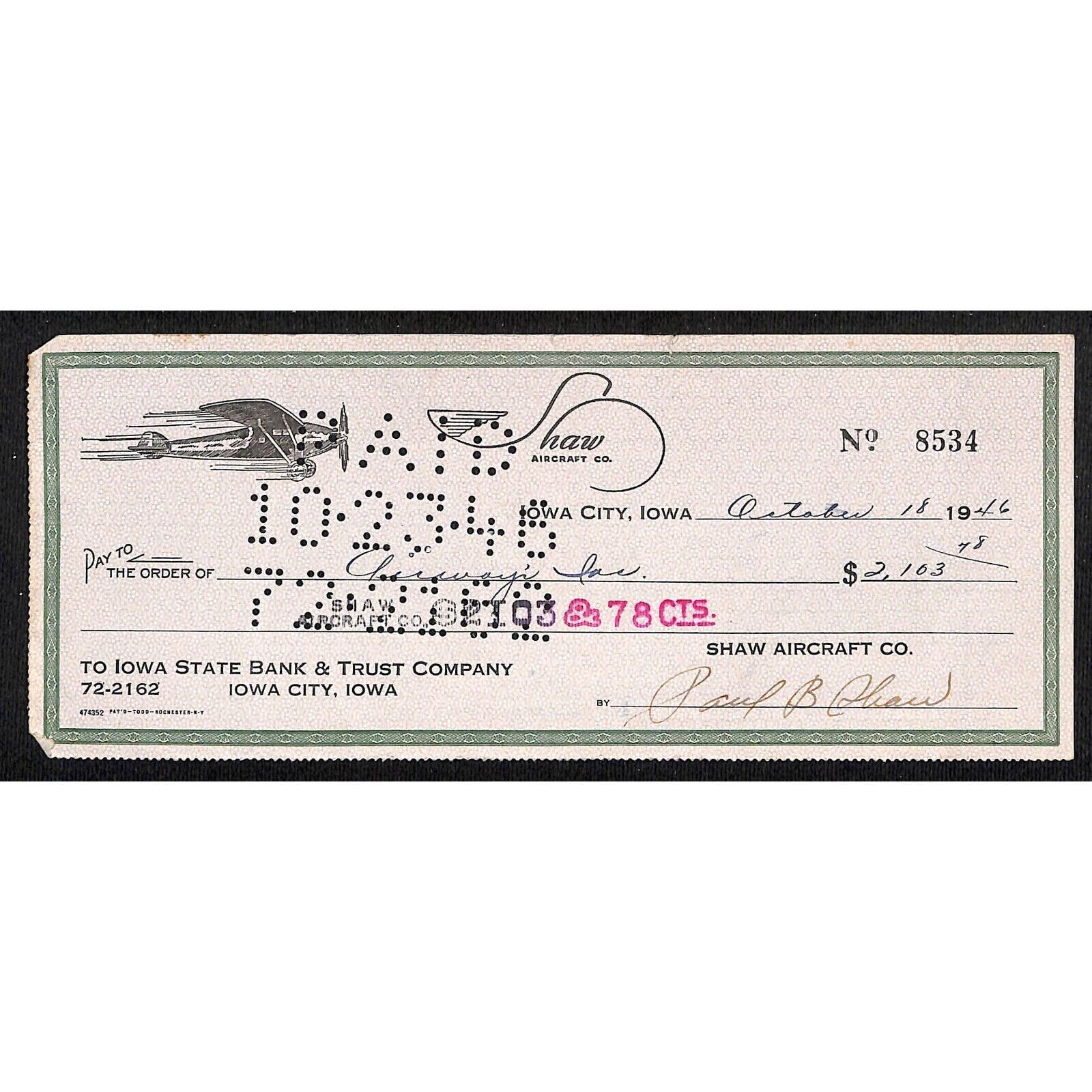 Iowa City, IA Shaw Aircraft Co. 1946 Bank Check w/ Flying Prop Plane A ...